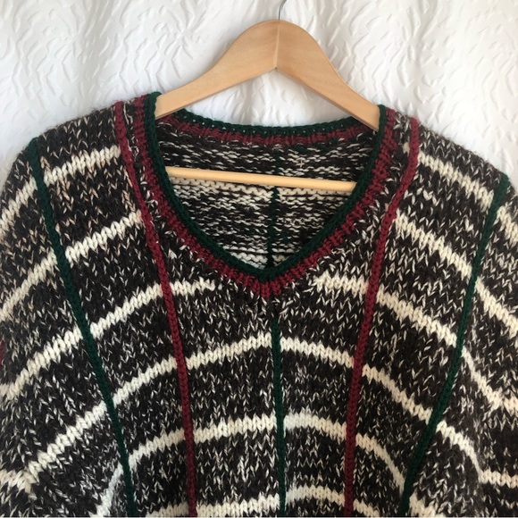 Handmade Handknit Longsleeve Neutral Tone Wool Sweater with Plaid Detailing - Picture 3 of 9